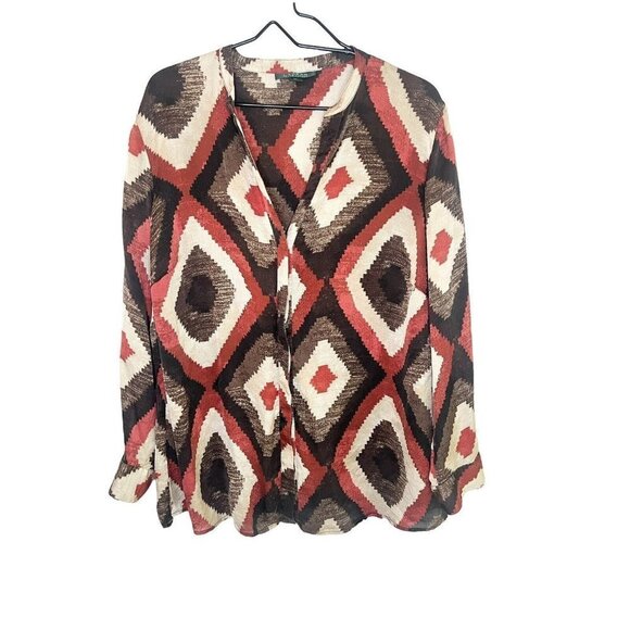 Lauren Ralph Lauren 100% Silk Top Womens 1X Brown Brick Red Aztec Southwestern - Picture 2 of 10
